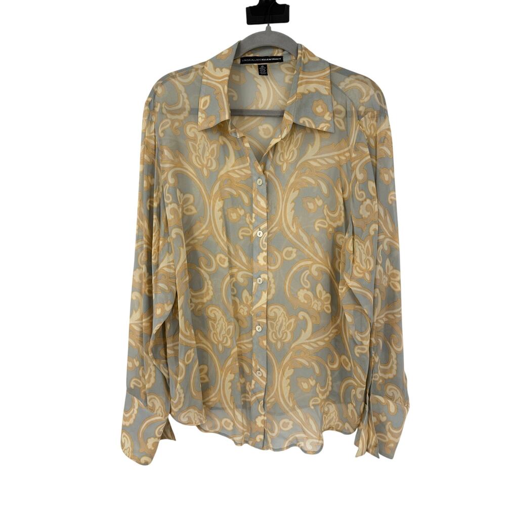 Ellen Tracy 100% Silk Blouse Womens 16 Sage Blue Baroque Button Front Classic - Picture 2 of 12